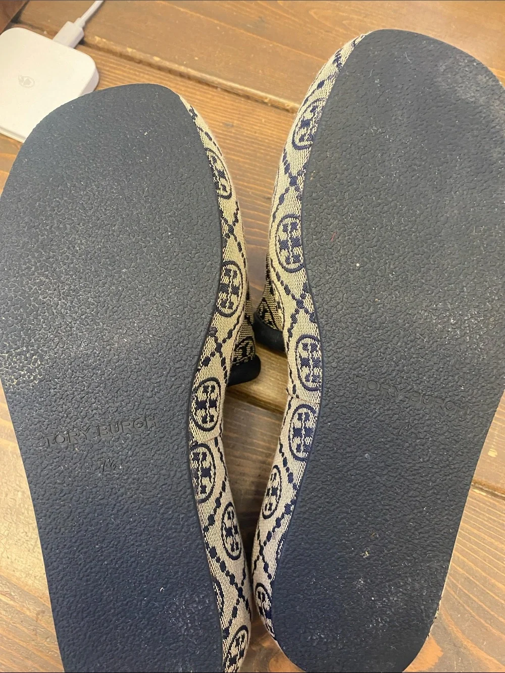 Tory Burch Navy and Beige Logo Jacquard Slide Sandals